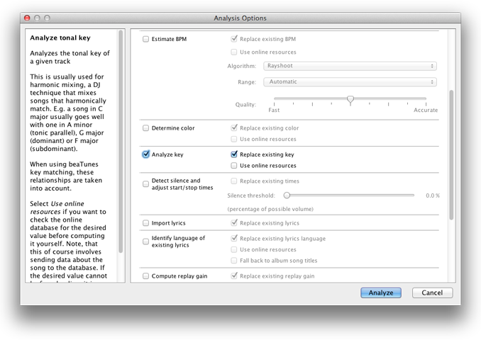 beaTunes key analysis options dialog
