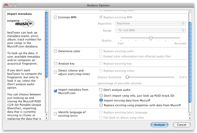 beaTunes import metadata analysis options dialog