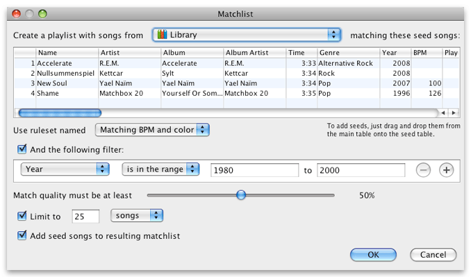 beaTunes matchlist creation dialog
