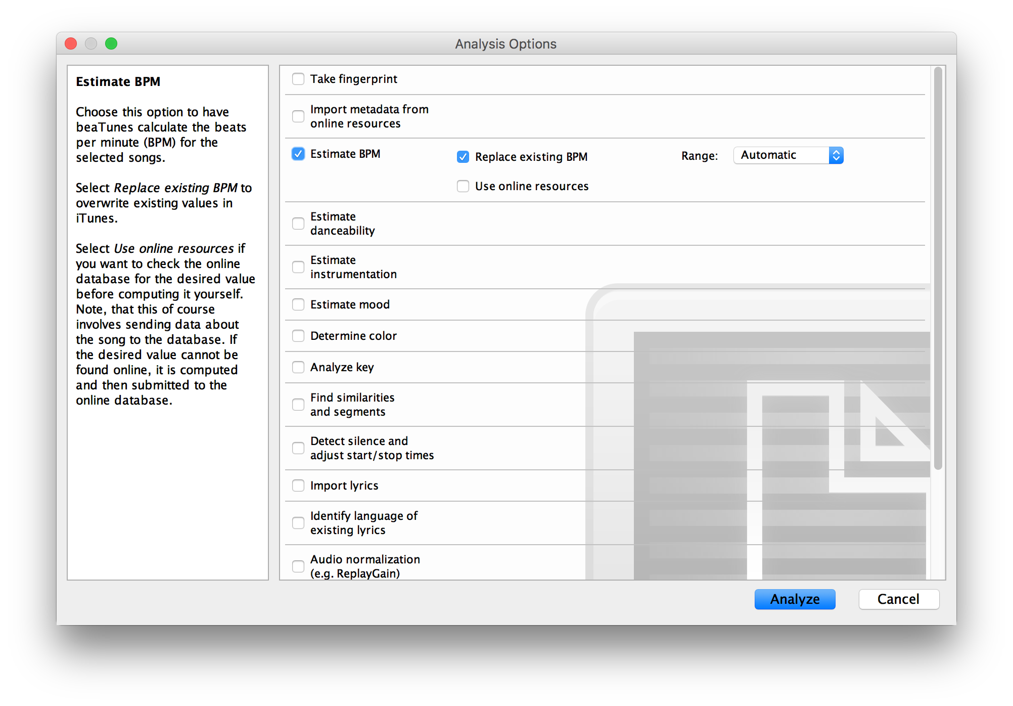 beaTunes bpm analysis options dialog