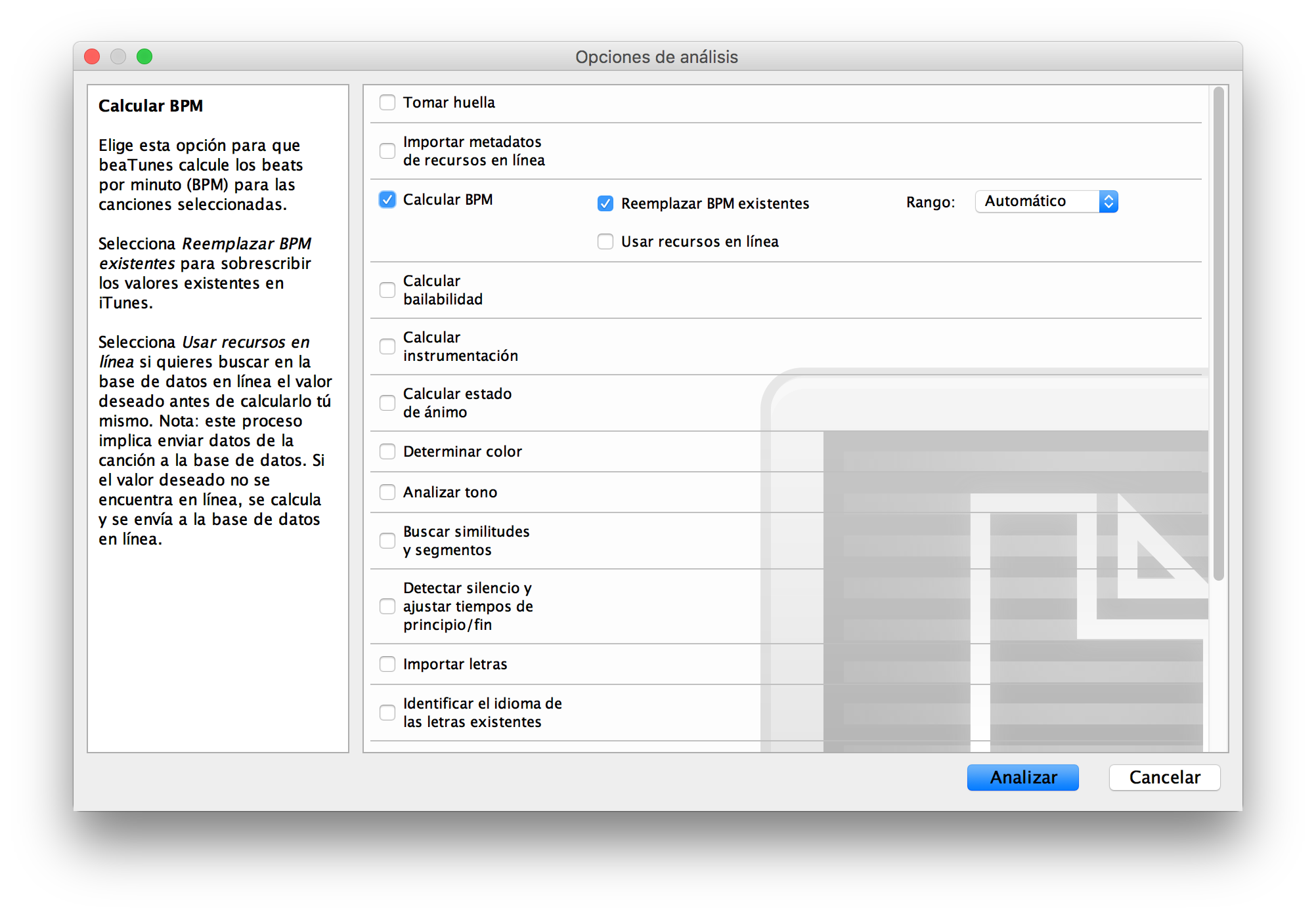 beaTunes bpm analysis options dialog