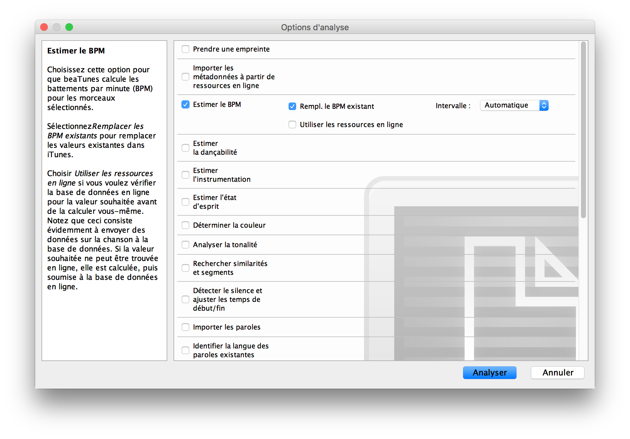 beaTunes bpm analysis options dialog