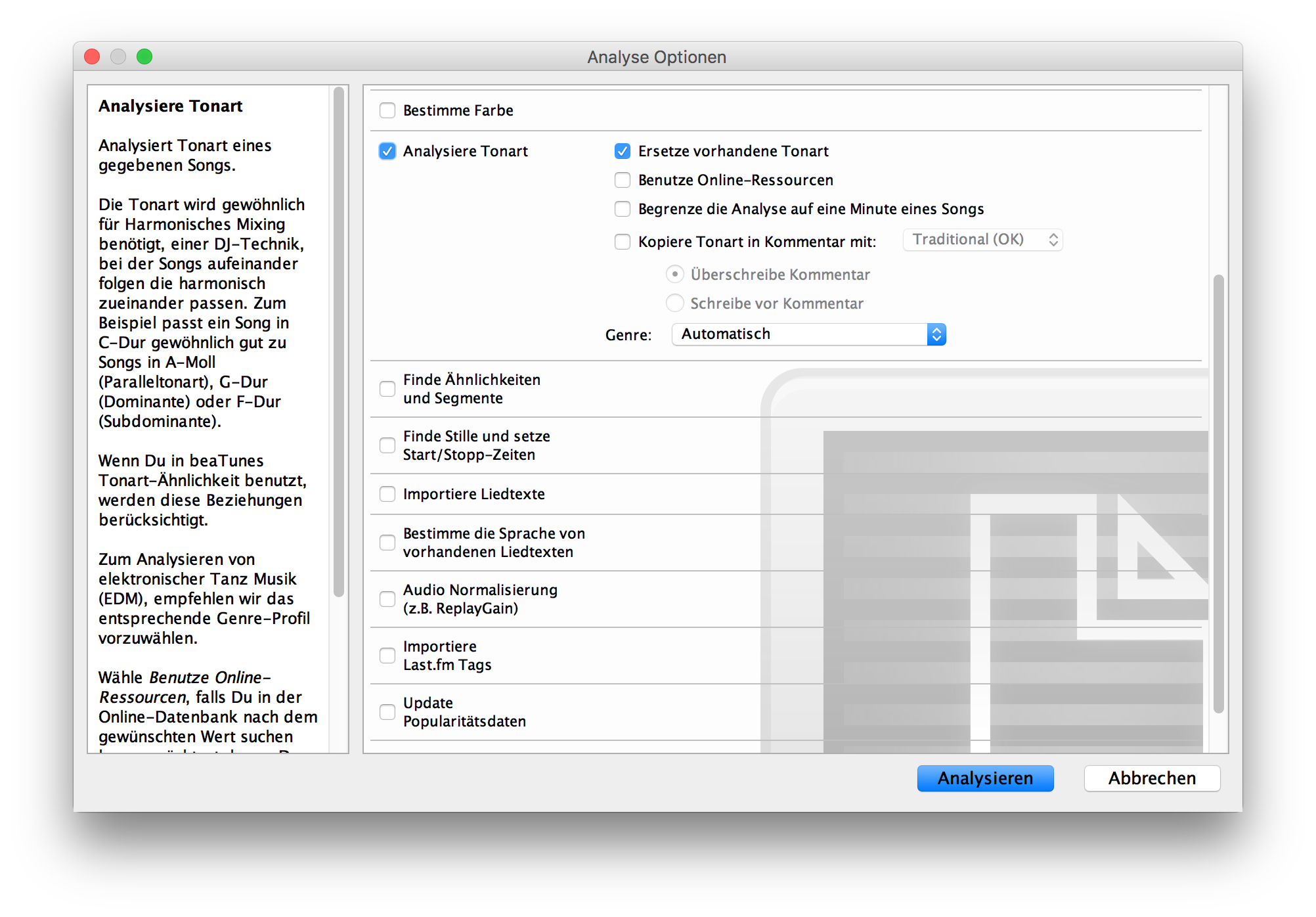 beaTunes Tonart Analyse Optionen