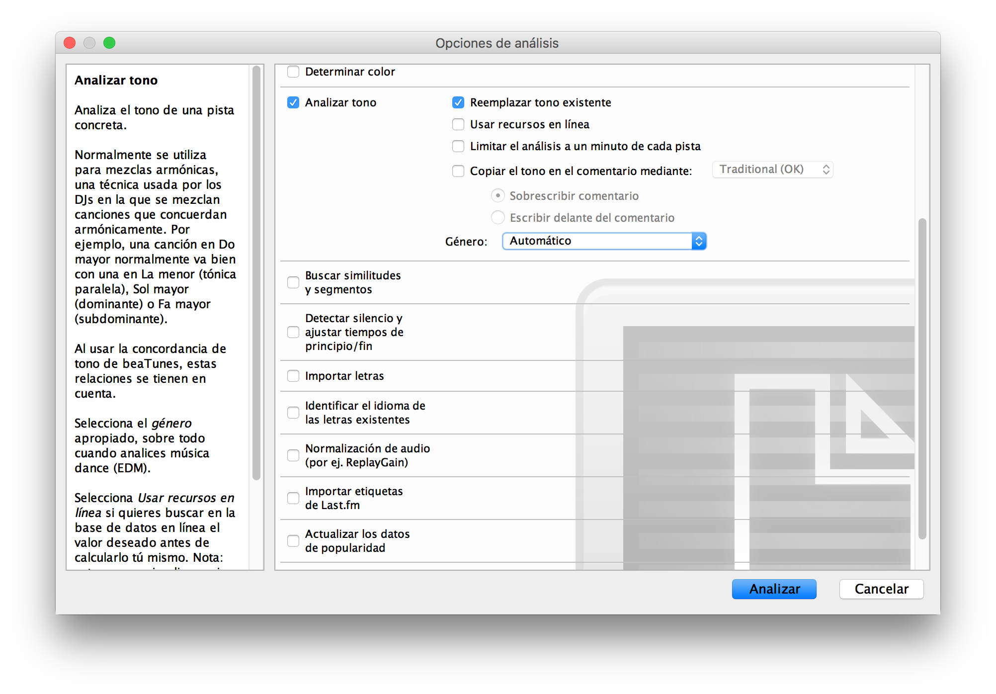 beaTunes key analysis options dialog