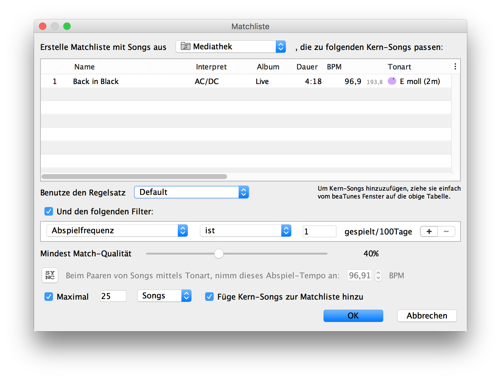 beaTunes Matchlist Dialog