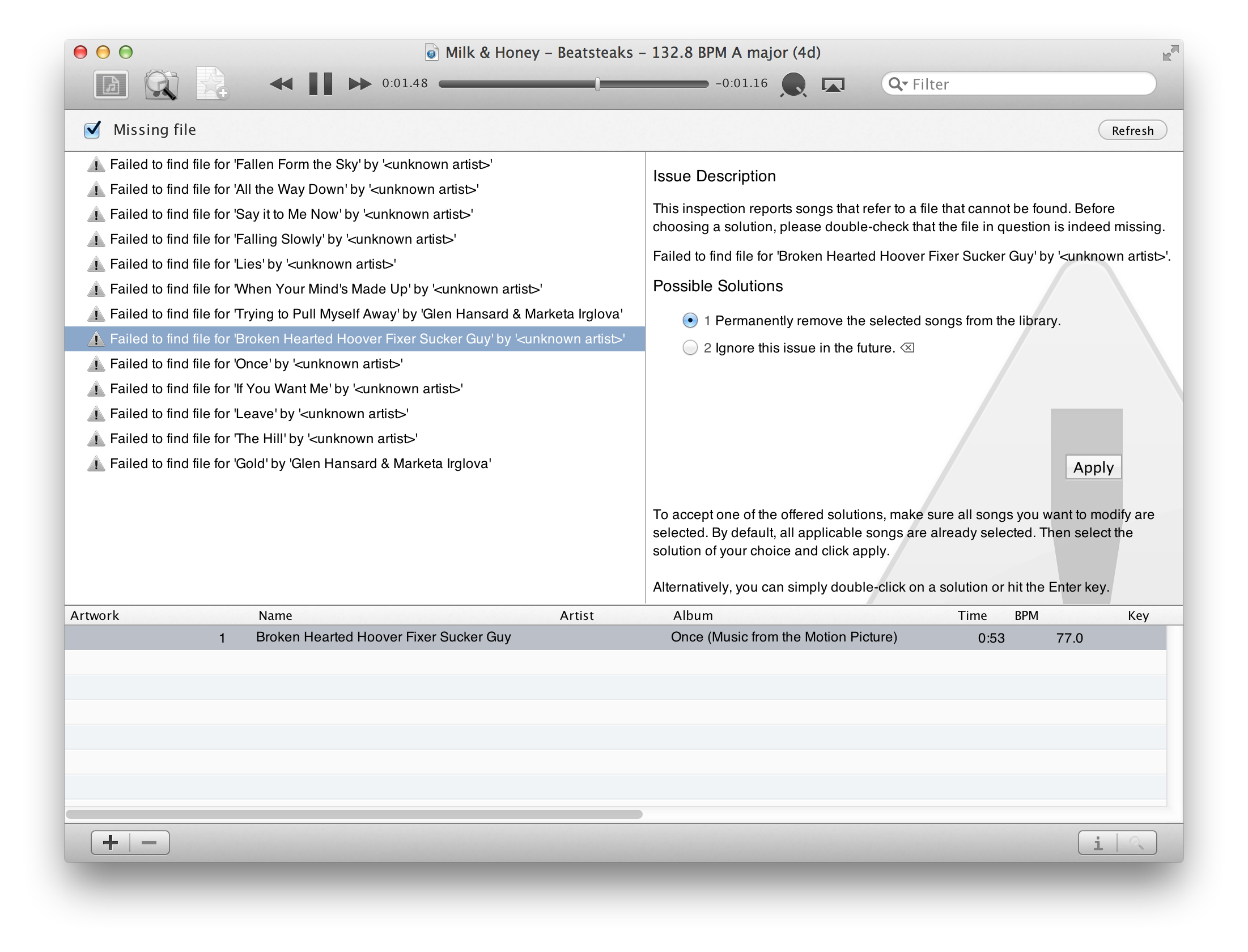 beaTunes missing file inspection dialog