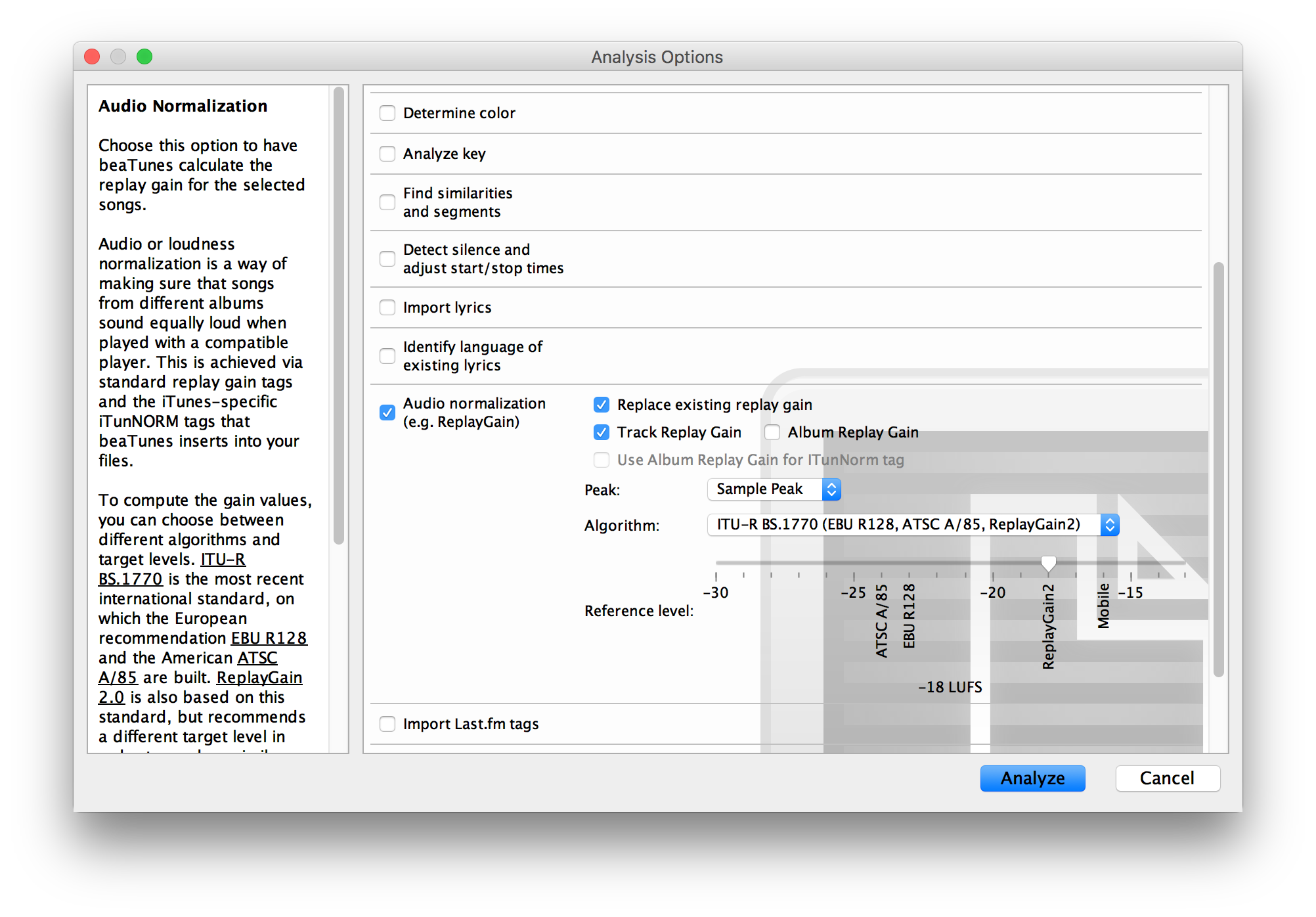 beaTunes replay gain analysis options dialog