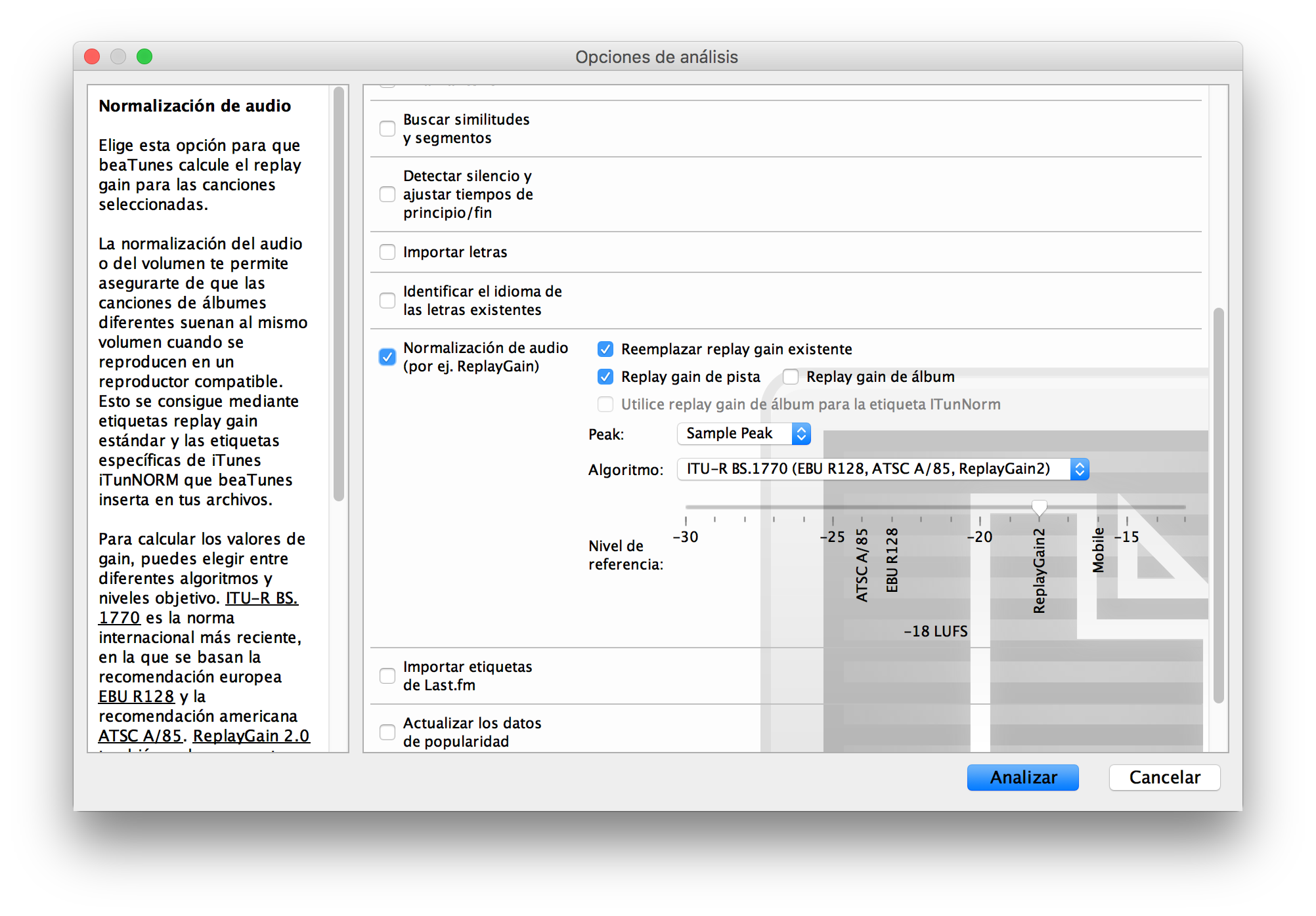 beaTunes replay gain analysis options dialog