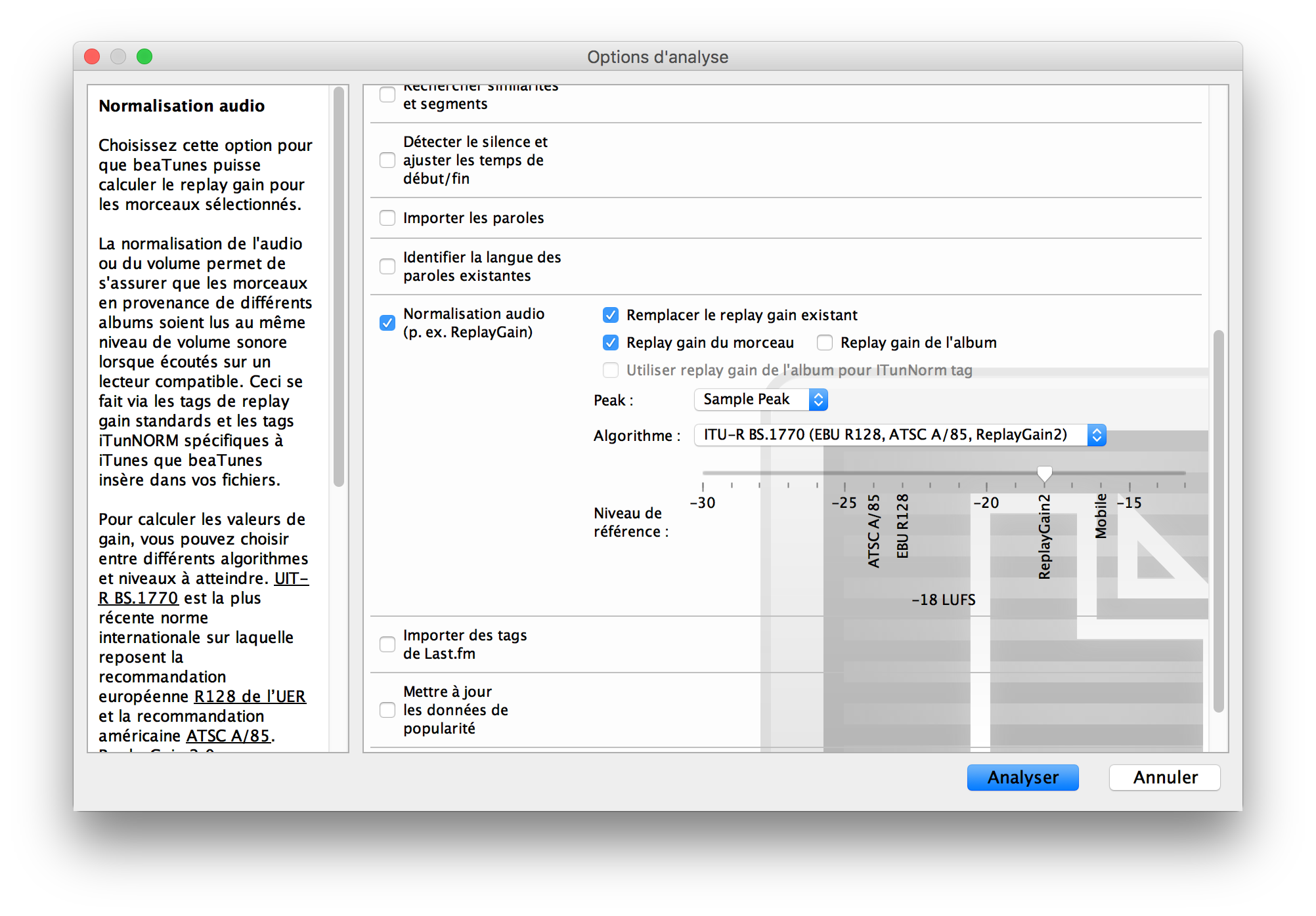 beaTunes replay gain analysis options dialog