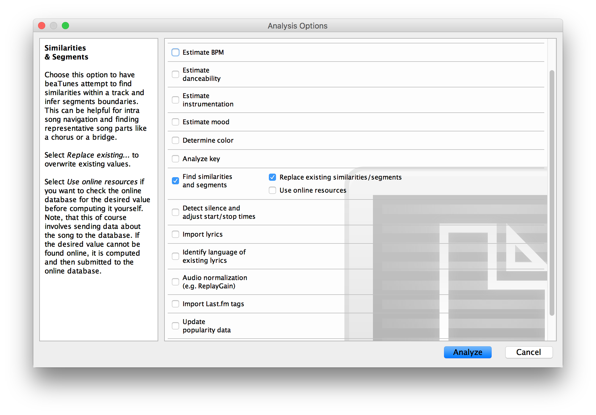 beaTunes segment analysis options dialog