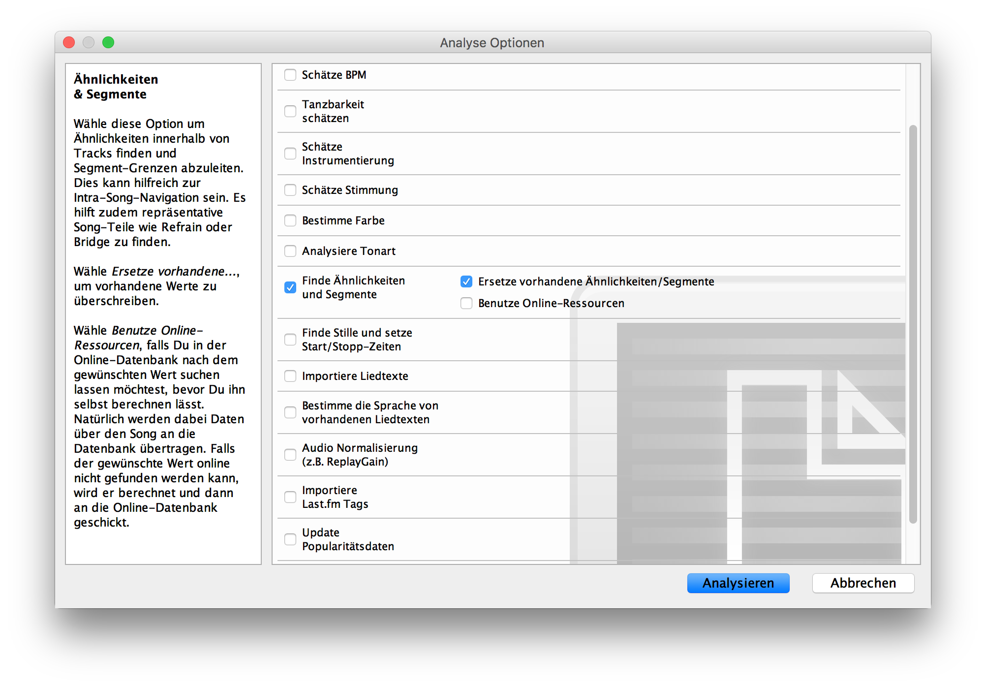 beaTunes Segment Analyse Optionen Dialog