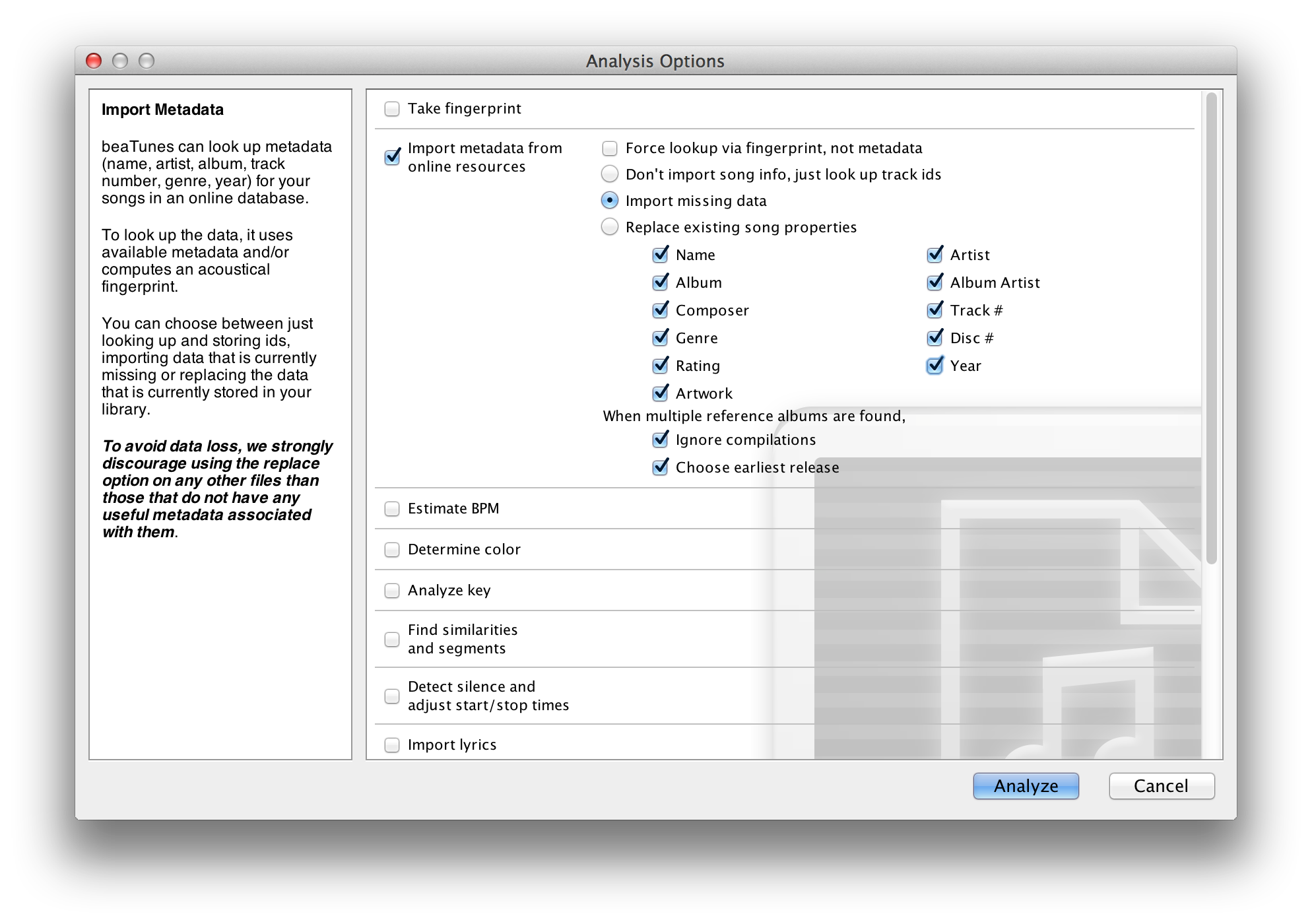 beaTunes import metadata analysis options dialog