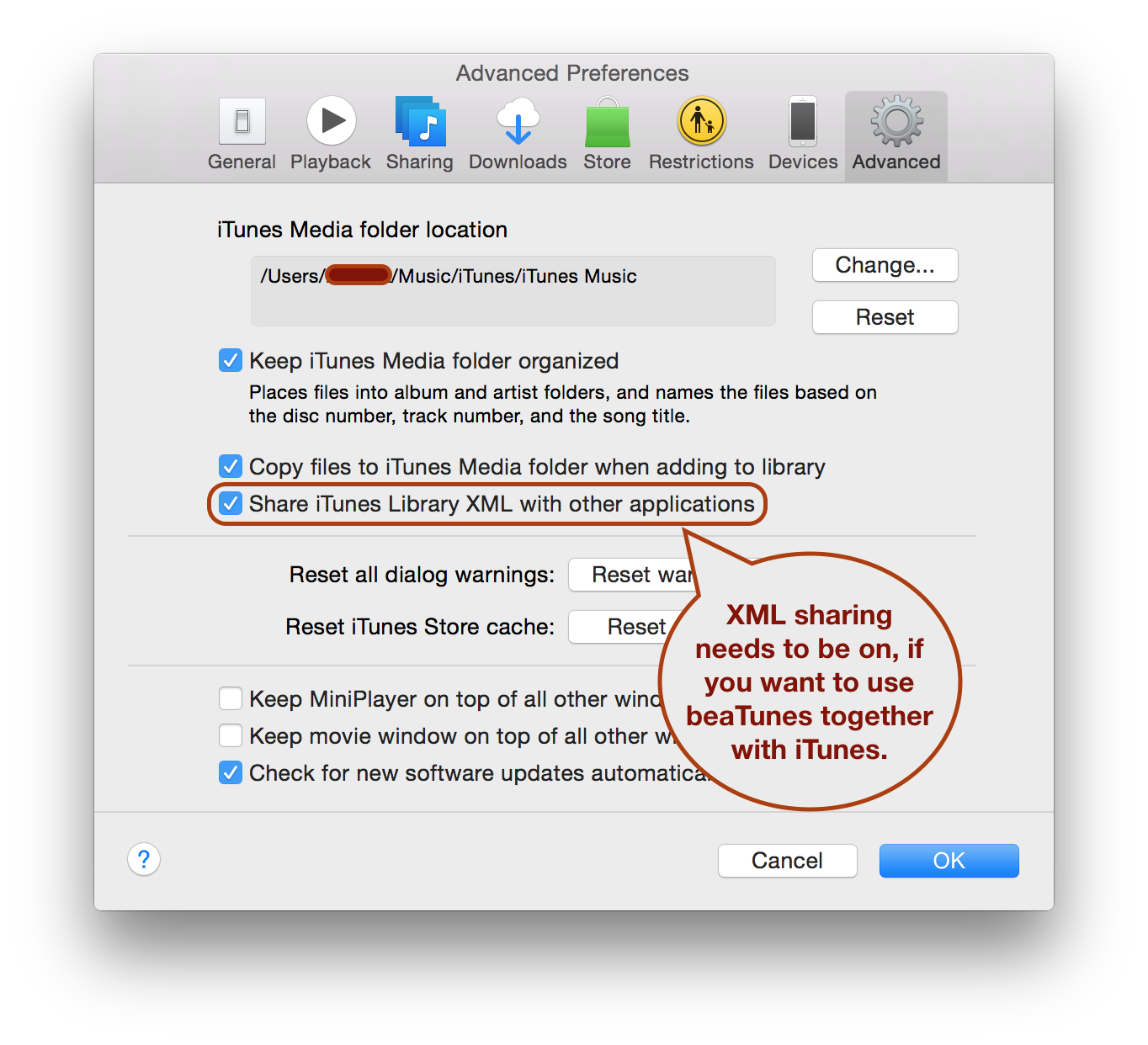 iTunes preferences: turn XML library sharing on.